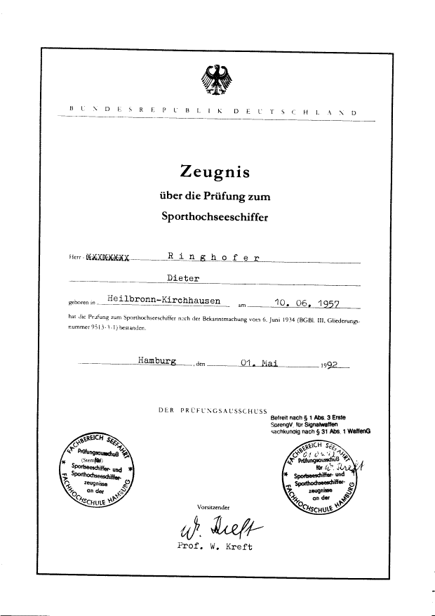 Zeugnis Sporthochseeschiffer